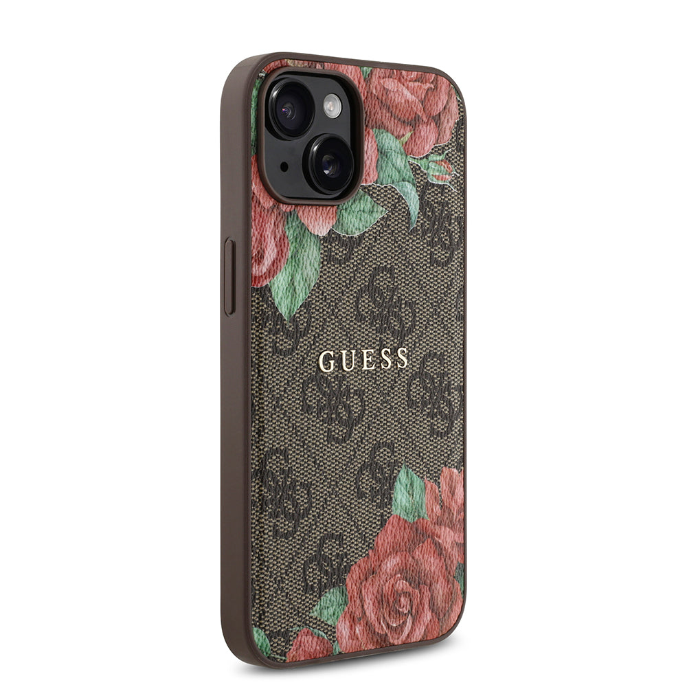 iPhone 14 Kılıf Guess Orjinal Lisanslı M-safe Şarj Özellikli Gül Baskılı 4G Desenli Yazı Logolu Kılıf