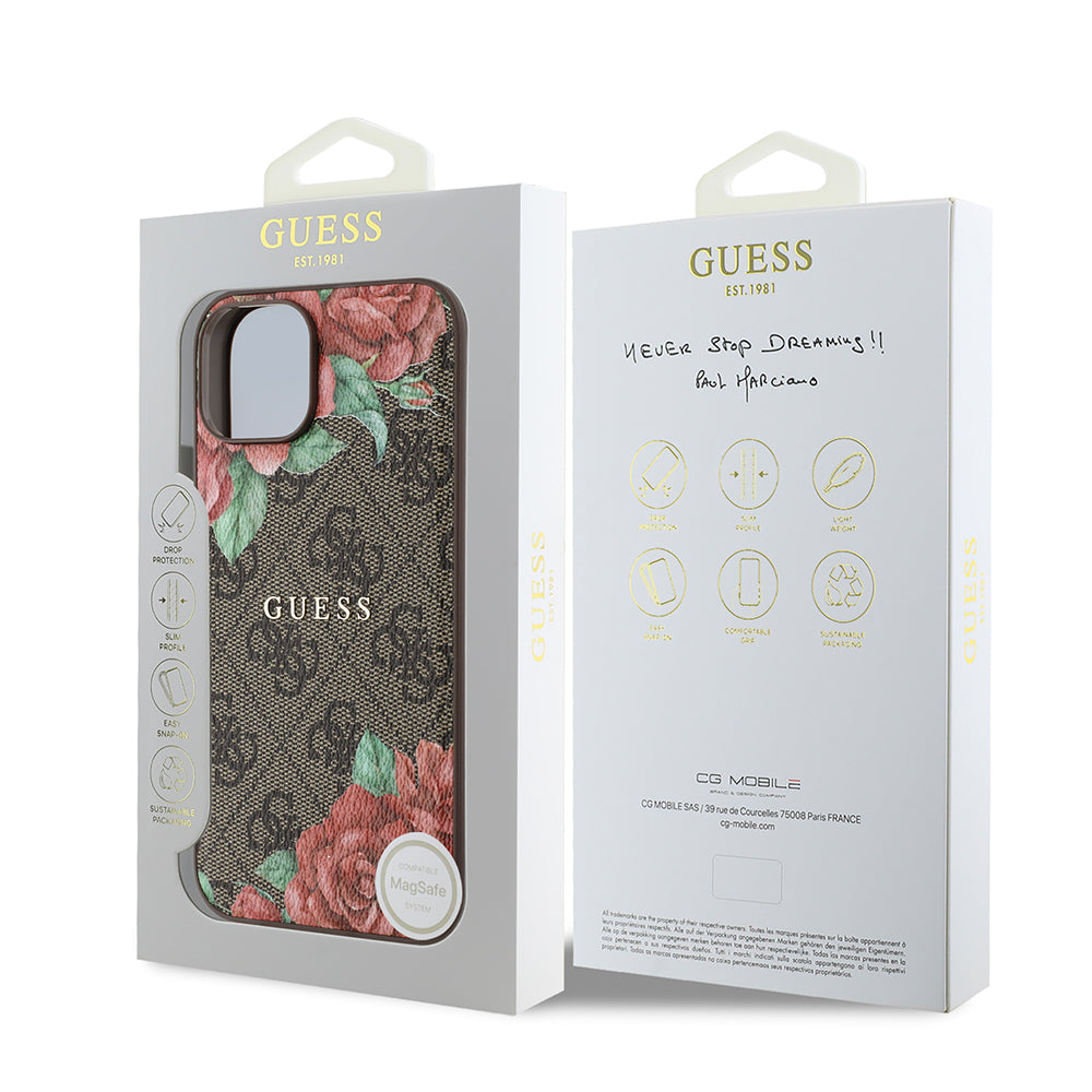 iPhone 14 Kılıf Guess Orjinal Lisanslı M-safe Şarj Özellikli Gül Baskılı 4G Desenli Yazı Logolu Kılıf