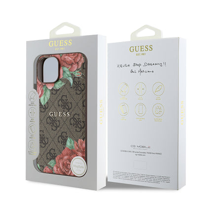 iPhone 14 Kılıf Guess Orjinal Lisanslı M-safe Şarj Özellikli Gül Baskılı 4G Desenli Yazı Logolu Kılıf