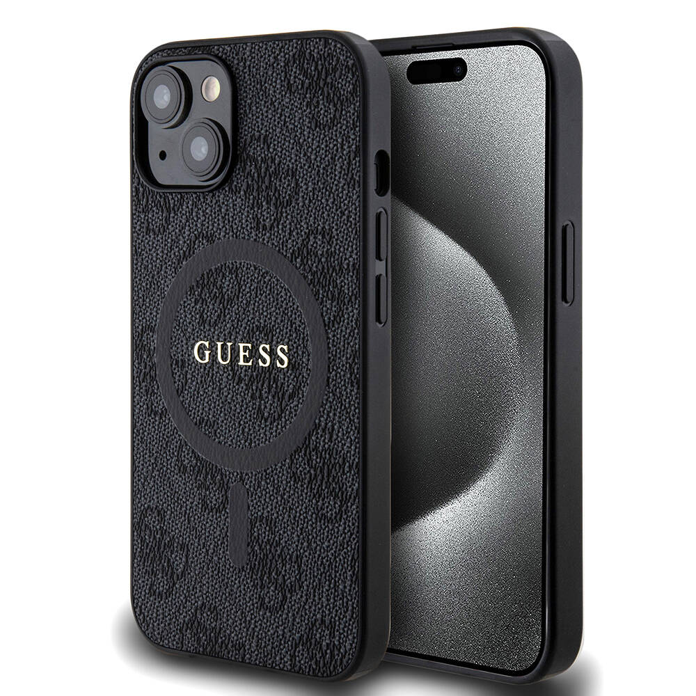 iPhone 14 Kılıf Guess Orjinal Lisanslı M-safe Şarj Özellikli PU Halkalı 4G Desenli Yazı Logolu Kılıf