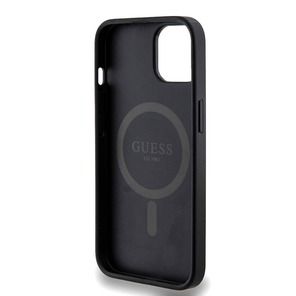 Apple iPhone 14 Kılıf Guess Orjinal Lisanslı Magsafe Şarj Özellikli PU Halkalı 4G Desenli Yazı Logolu Kapak Siyah