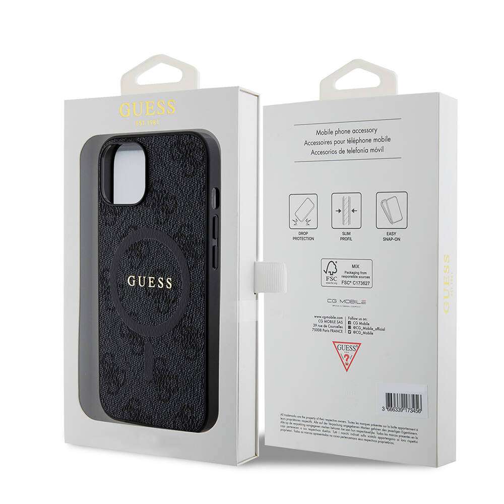 iPhone 14 Kılıf Guess Orjinal Lisanslı M-safe Şarj Özellikli PU Halkalı 4G Desenli Yazı Logolu Kılıf