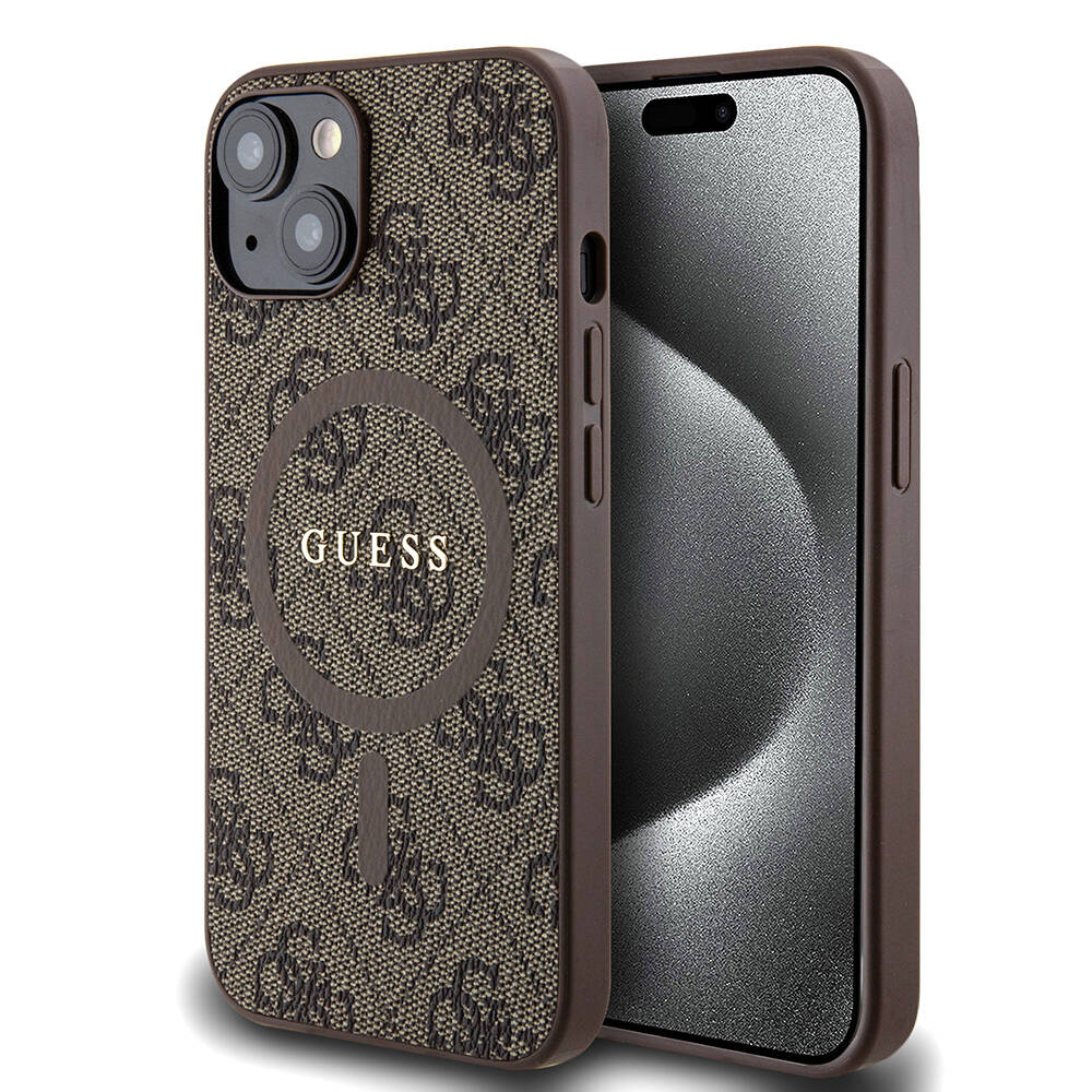 iPhone 14 Kılıf Guess Orjinal Lisanslı M-safe Şarj Özellikli PU Halkalı 4G Desenli Yazı Logolu Kılıf