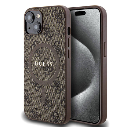 iPhone 14 Kılıf Guess Orjinal Lisanslı M-safe Şarj Özellikli PU Halkalı 4G Desenli Yazı Logolu Kılıf