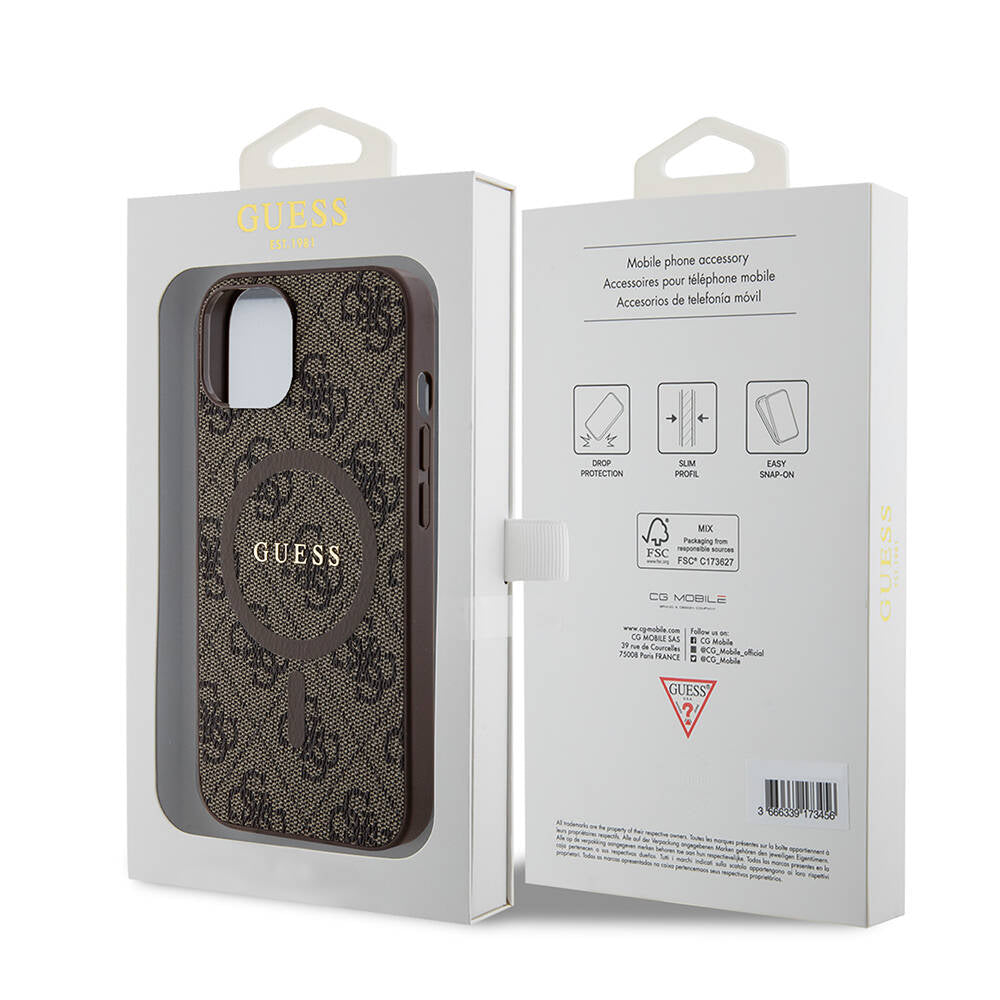 iPhone 14 Kılıf Guess Orjinal Lisanslı M-safe Şarj Özellikli PU Halkalı 4G Desenli Yazı Logolu Kılıf