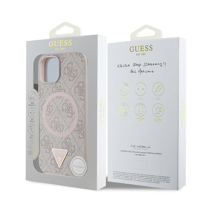 Apple iPhone 14 Kılıf Guess Orjinal Lisanslı Magsafe Şarj Özellikli PU Üçgen Logo 4G Desenli Kapak Pembe