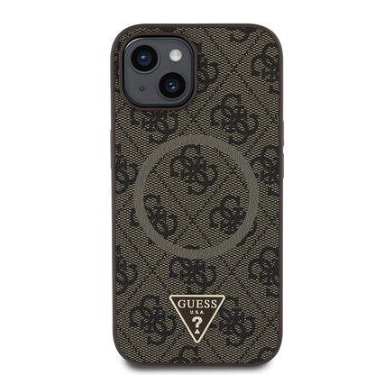 iPhone 14 Kılıf Guess Orjinal Lisanslı M-safe Şarj Özellikli PU Üçgen Logo 4G Desenli Kılıf