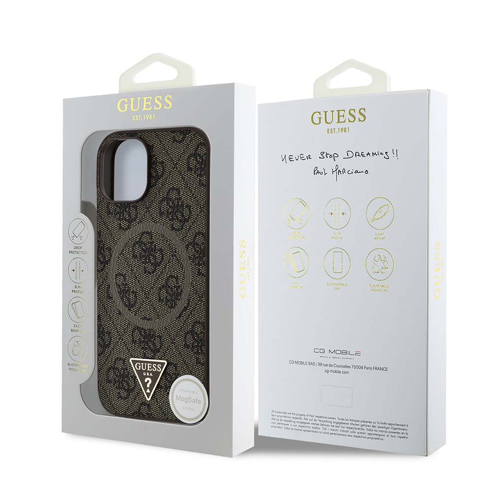 iPhone 14 Kılıf Guess Orjinal Lisanslı M-safe Şarj Özellikli PU Üçgen Logo 4G Desenli Kılıf