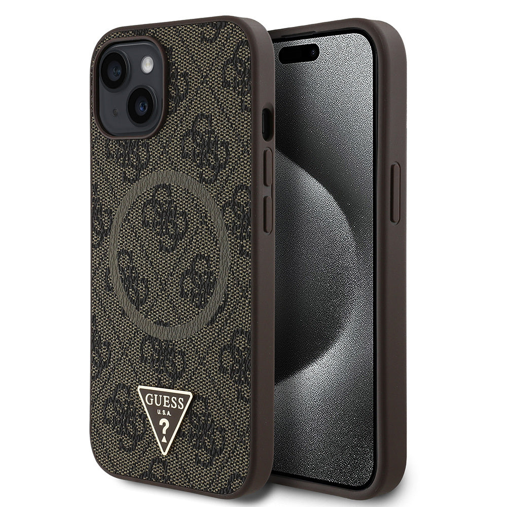 iPhone 14 Kılıf Guess Orjinal Lisanslı M-safe Şarj Özellikli PU Üçgen Logo 4G Desenli Kılıf