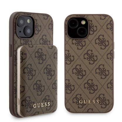 iPhone 14 Kılıf Guess Orjinal Lisanslı M-safe Şarj Özellikli Yazı Logolu 4G Desenli Kılıf + Powerbank 5000mAh 2in1 Set