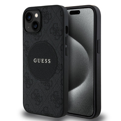 Apple iPhone 14 Kılıf Guess Orjinal Lisanslı M-safe Şarj Özellikli Yazı Logolu Circle Classic Kapak Kahverengi