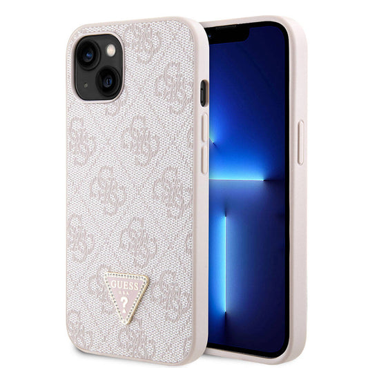 iPhone 14 Kılıf Guess Orjinal Lisanslı PU Deri Taşlı Üçgen Logo 4G Desenli Kılıf