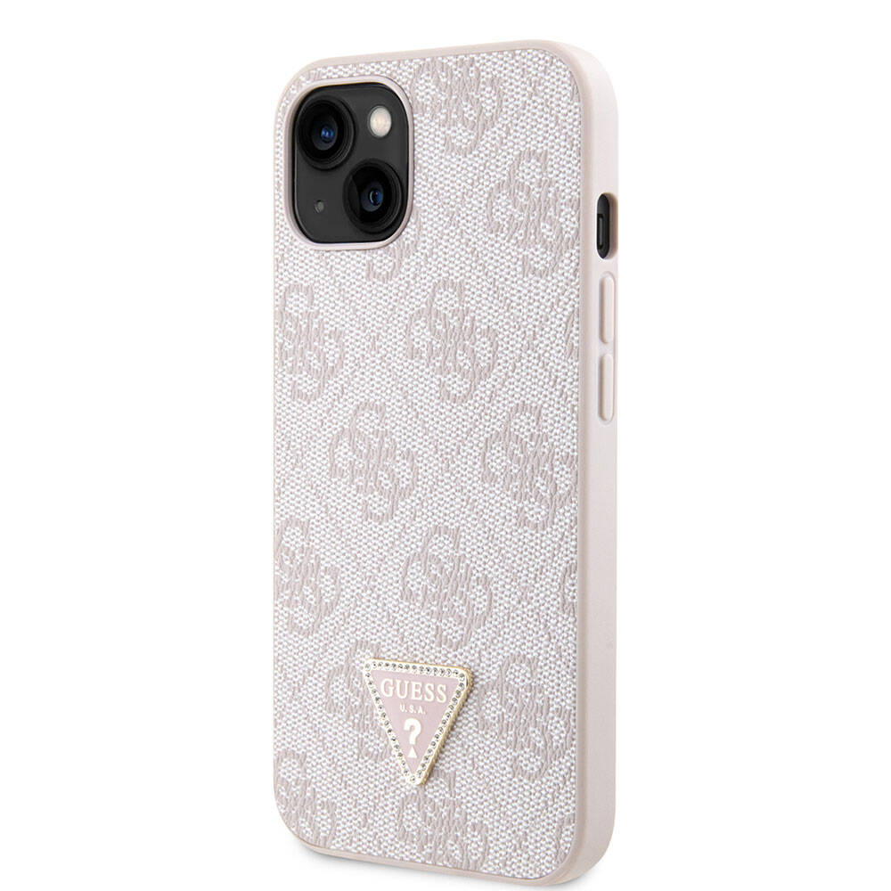 iPhone 14 Kılıf Guess Orjinal Lisanslı PU Deri Taşlı Üçgen Logo 4G Desenli Kılıf