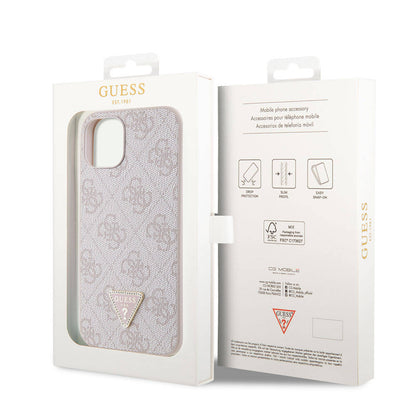iPhone 14 Kılıf Guess Orjinal Lisanslı PU Deri Taşlı Üçgen Logo 4G Desenli Kılıf