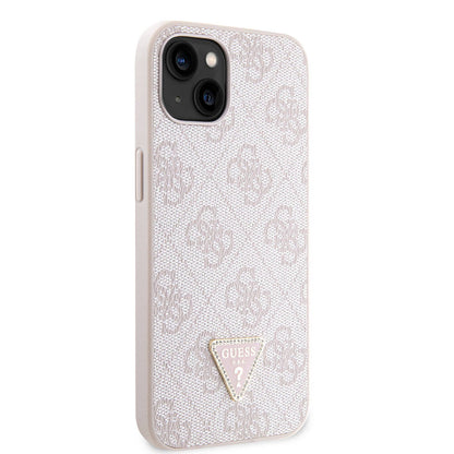 iPhone 14 Kılıf Guess Orjinal Lisanslı PU Deri Taşlı Üçgen Logo 4G Desenli Kılıf