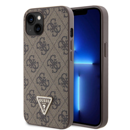 iPhone 14 Kılıf Guess Orjinal Lisanslı PU Deri Taşlı Üçgen Logo 4G Desenli Kılıf