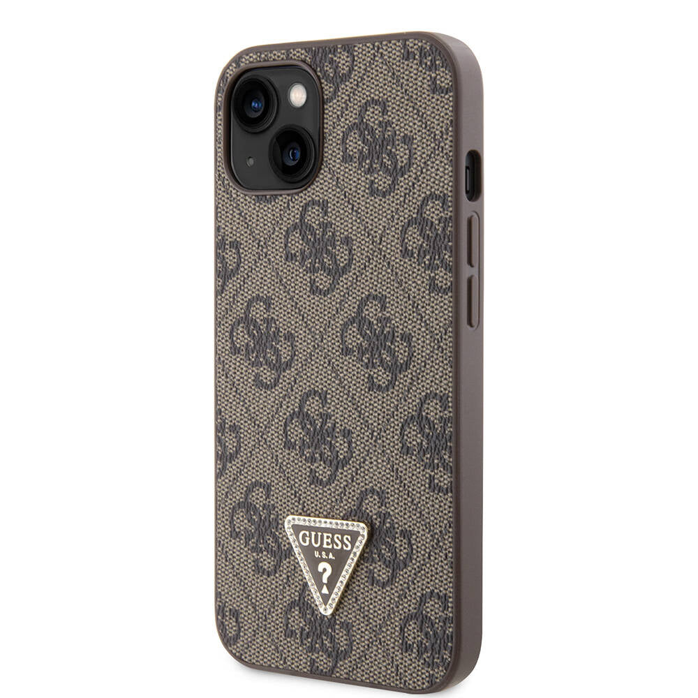 iPhone 14 Kılıf Guess Orjinal Lisanslı PU Deri Taşlı Üçgen Logo 4G Desenli Kılıf
