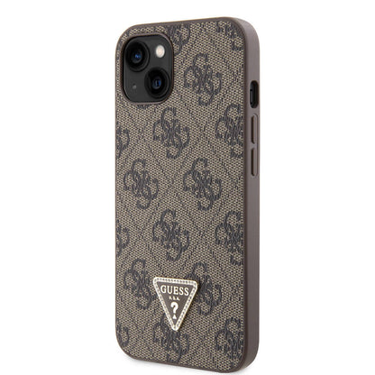 iPhone 14 Kılıf Guess Orjinal Lisanslı PU Deri Taşlı Üçgen Logo 4G Desenli Kılıf