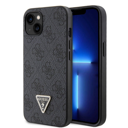 iPhone 14 Kılıf Guess Orjinal Lisanslı PU Deri Taşlı Üçgen Logo 4G Desenli Kılıf