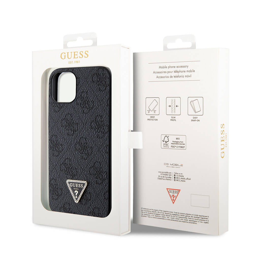 iPhone 14 Kılıf Guess Orjinal Lisanslı PU Deri Taşlı Üçgen Logo 4G Desenli Kılıf