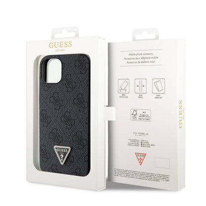 iPhone 14 Kılıf Guess Orjinal Lisanslı PU Deri Taşlı Üçgen Logo 4G Desenli Kılıf