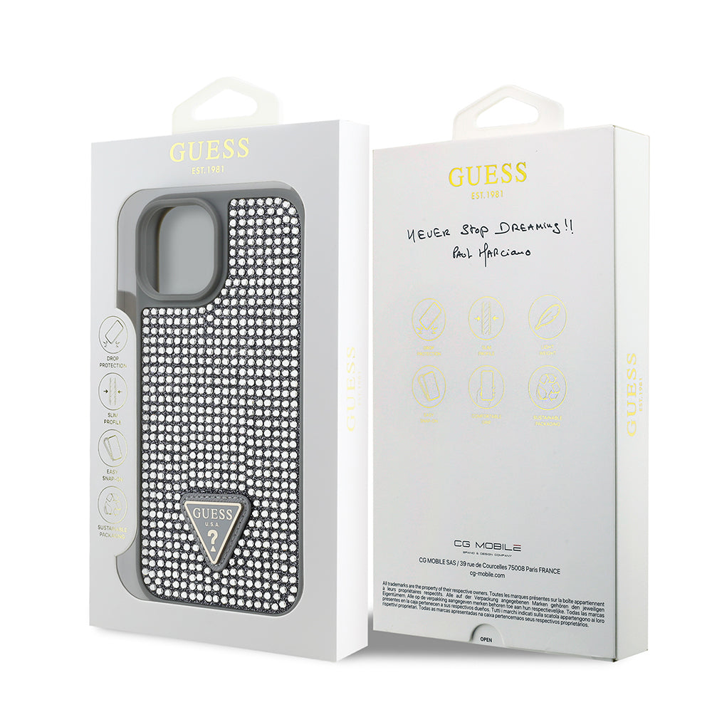 iPhone 14 Kılıf Guess Orjinal Lisanslı Taşlı Arka Yüzey Üçgen Logolu Kılıf