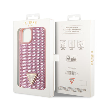 Apple iPhone 14 Kılıf Guess Orjinal Lisanslı Taşlı Arka Yüzey Üçgen Logolu Kapak Pembe