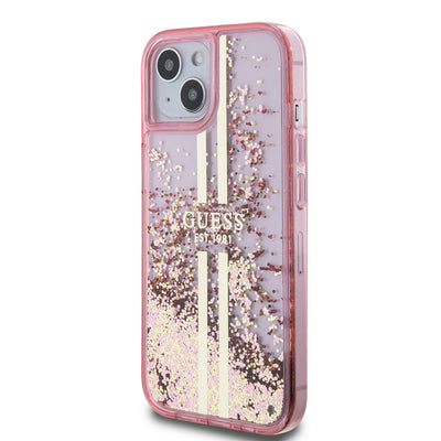 Apple iPhone 14 Kılıf Guess Orjinal Lisanslı Transparan Sıvılı Simli Altın Çizgili Kapak Mor