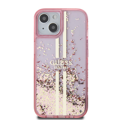 Apple iPhone 14 Kılıf Guess Orjinal Lisanslı Transparan Sıvılı Simli Altın Çizgili Kapak Mor