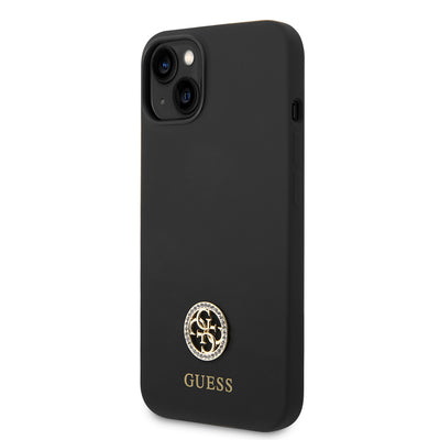 Apple iPhone 14 Kılıf Guess Orjinal Lisanslı Yazı ve Taşlı 4G Logolu Silikon Kapak Siyah