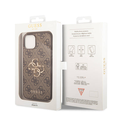 Apple iPhone 14 Kılıf Guess PU Deri Büyük Metal Logo Dizaynlı Kapak Kahverengi
