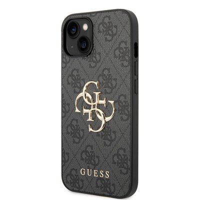 Apple iPhone 14 Kılıf Guess PU Deri Büyük Metal Logo Dizaynlı Kapak Gri