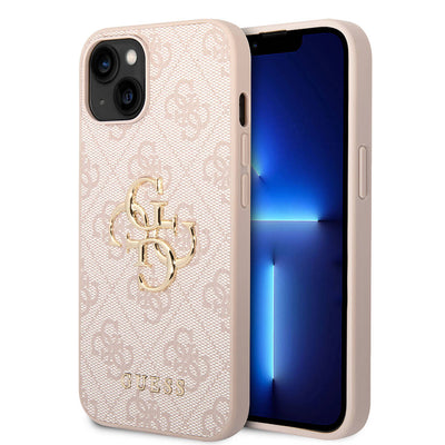 Apple iPhone 14 Kılıf Guess PU Deri Büyük Metal Logo Dizaynlı Kapak Pembe