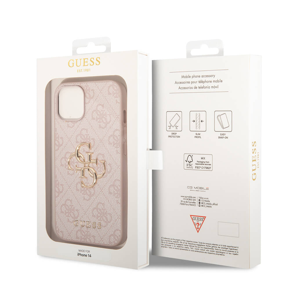 Apple iPhone 14 Kılıf Guess PU Deri Büyük Metal Logo Dizaynlı Kapak Gri