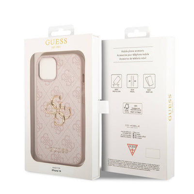 Apple iPhone 14 Kılıf Guess PU Deri Büyük Metal Logo Dizaynlı Kapak Pembe