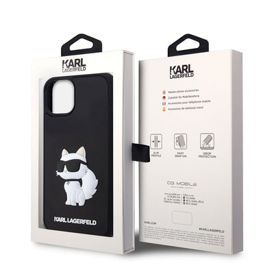 Apple iPhone 14 Kılıf Karl Lagerfeld 3D Rubber Choupette Dizayn Kapak Siyah