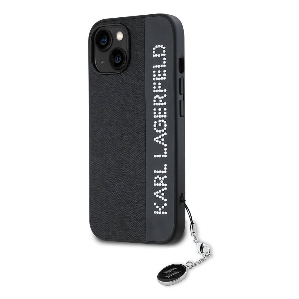 Apple iPhone 14 Kılıf Karl Lagerfeld Orjinal Lisanslı Anahtarlıklı Taşlı KL Yazılı Saffiano Rhinestones Kapak Pembe