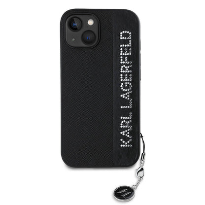 iPhone 14 Kılıf Karl Lagerfeld Orjinal Lisanslı Anahtarlıklı Taşlı KL Yazılı Saffiano Rhinestones Kılıf