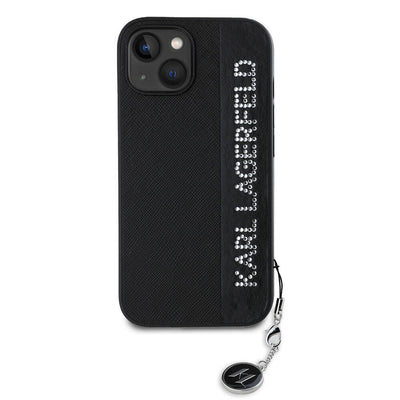 Apple iPhone 14 Kılıf Karl Lagerfeld Orjinal Lisanslı Anahtarlıklı Taşlı KL Yazılı Saffiano Rhinestones Kapak Pembe