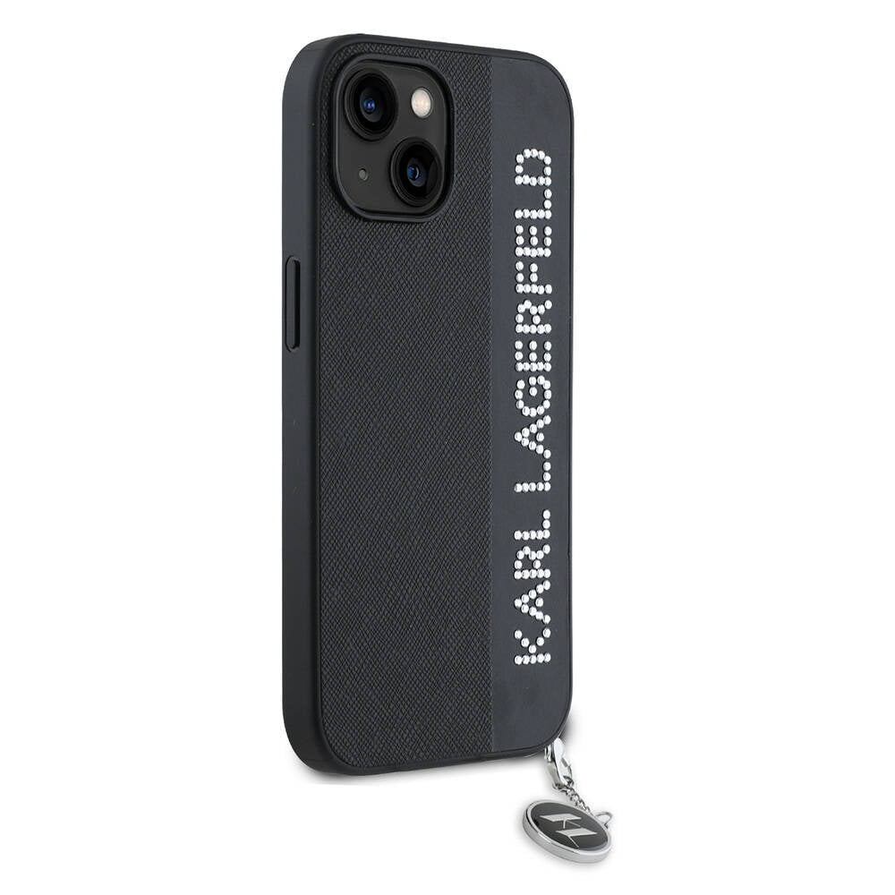 Apple iPhone 14 Kılıf Karl Lagerfeld Orjinal Lisanslı Anahtarlıklı Taşlı KL Yazılı Saffiano Rhinestones Kapak Pembe