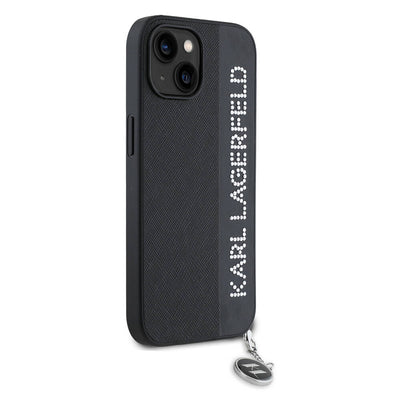 Apple iPhone 14 Kılıf Karl Lagerfeld Orjinal Lisanslı Anahtarlıklı Taşlı KL Yazılı Saffiano Rhinestones Kapak Pembe