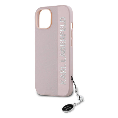 Apple iPhone 14 Kılıf Karl Lagerfeld Orjinal Lisanslı Anahtarlıklı Taşlı KL Yazılı Saffiano Rhinestones Kapak Pembe