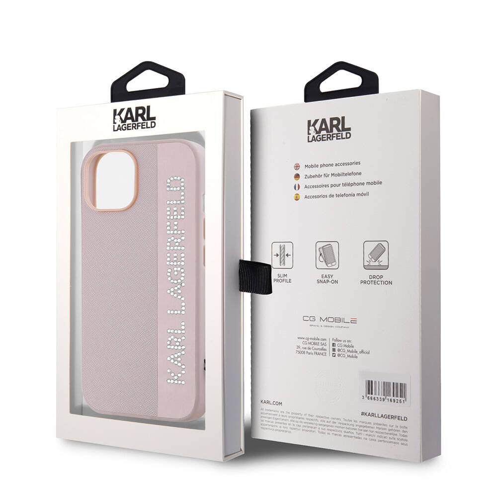 iPhone 14 Kılıf Karl Lagerfeld Orjinal Lisanslı Anahtarlıklı Taşlı KL Yazılı Saffiano Rhinestones Kılıf