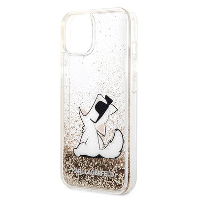 Apple iPhone 14 Kılıf Karl Lagerfeld Sıvılı Simli Choupette Dizayn Kapak Gold