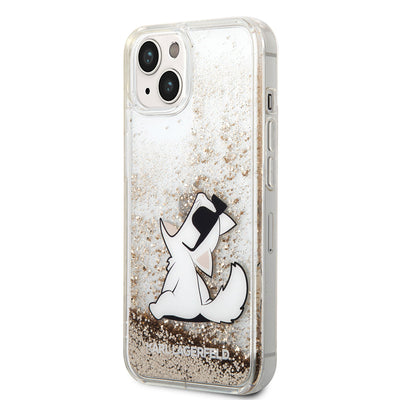 Apple iPhone 14 Kılıf Karl Lagerfeld Sıvılı Simli Choupette Dizayn Kapak Gold