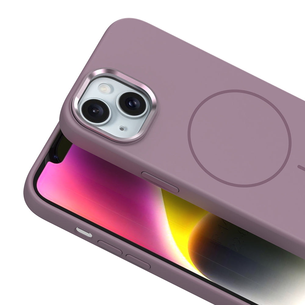 Apple iPhone 14 Kılıf M-Safe Şarj Özellikli Metal Kamera Çerçeveli Zore Edi Silikon Kapak Kahverengi