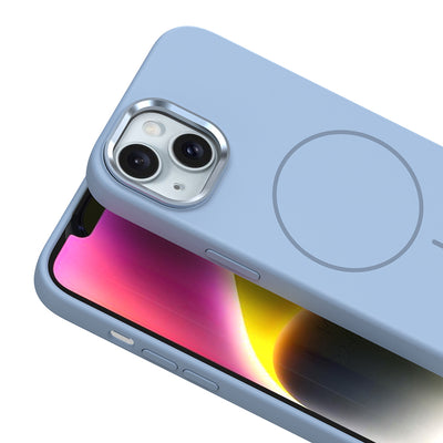 Apple iPhone 14 Kılıf M-Safe Şarj Özellikli Metal Kamera Çerçeveli Zore Edi Silikon Kapak Açık Mavi