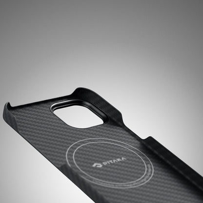 iPhone 14 Kılıf M-safe Şarj Özellikli 1500D Aramid Fiber Pitaka Ultra-Slim Classic Serisi Black-Grey Twill Kılıf