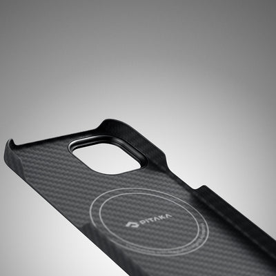 Apple iPhone 14 Kılıf Magsafe Şarj Özellikli 1500D Aramid Fiber Pitaka Ultra-Slim Classic Serisi Black-Grey Twill Kapak Siyah-Gri