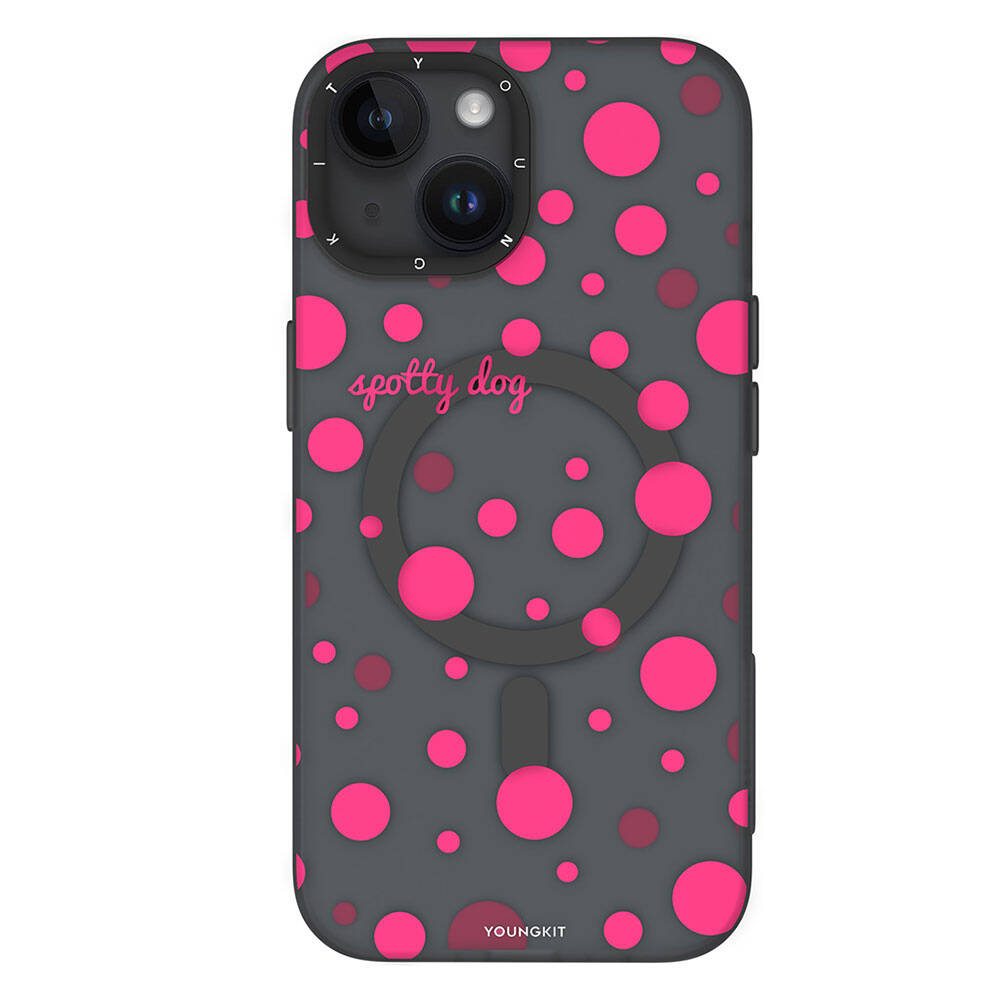 Apple iPhone 14 Kılıf Magsafe Şarj Özellikli Polka Dot Desenli Youngkit Spots Serisi Kapak Beyaz